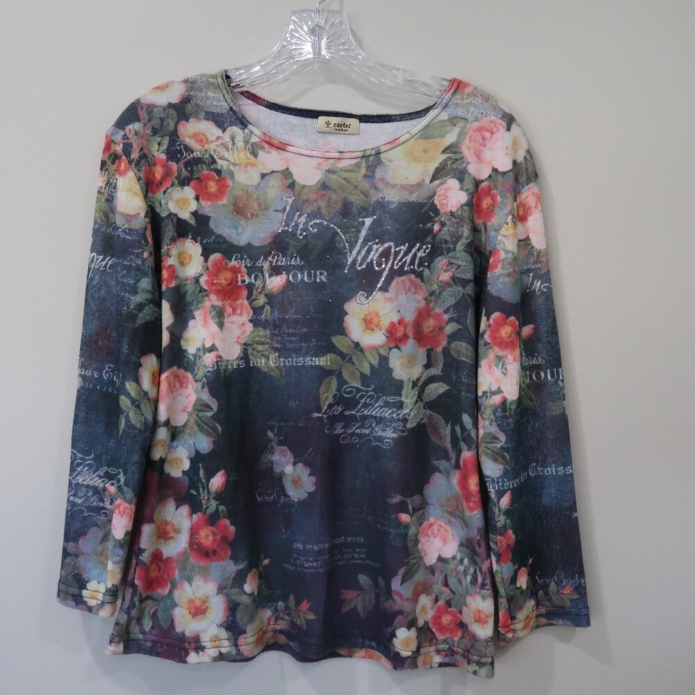 Cactus Floral In Vogue Graphic Rhinestones 3/4 Sleeve Blouse Top Size M